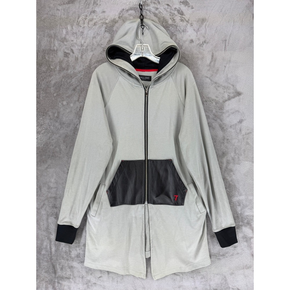 Anglero New York Gray Tanguis Cotton Lambskin Leather Trim Longline Hoodie XS